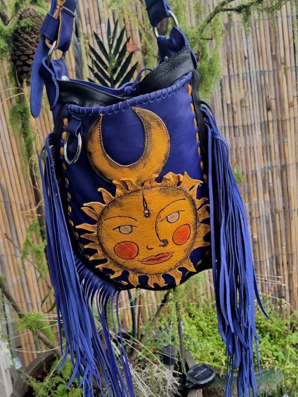 Purple Leather Fringe Crossbody Bag with Sun & Moon Motif - Picture 3 of 11